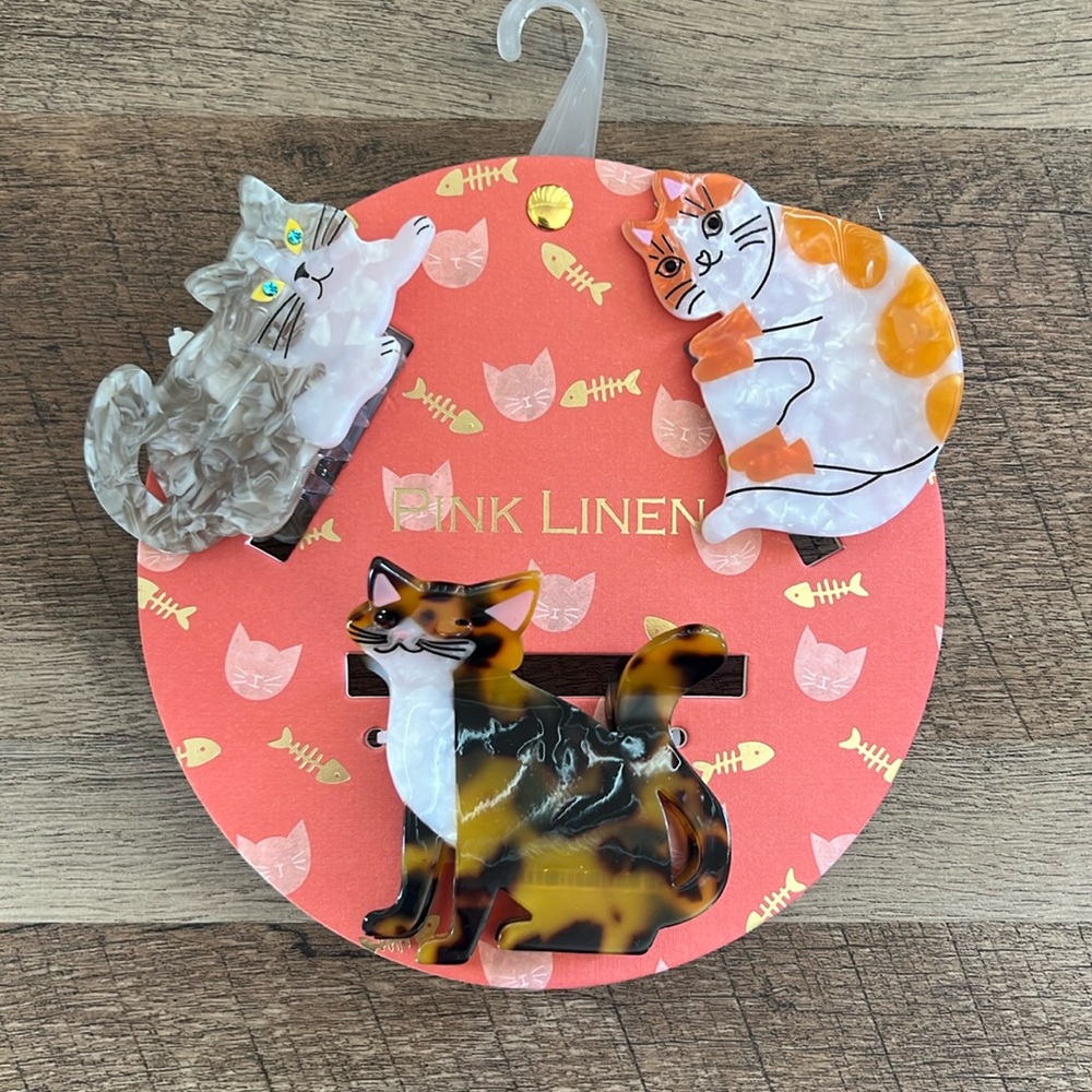 ⚠️‼️SOLD‼️⚠️Pink Linen Cat Kitty Hair Clips - Picture 1 of 4